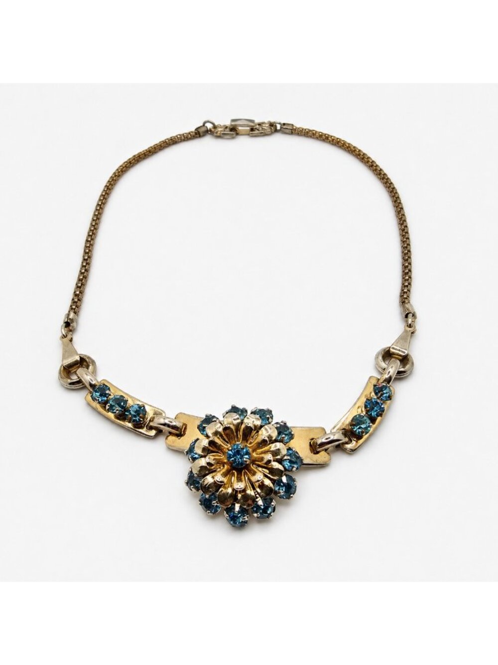 Vintage Necklace Signed Barclay Metallic Blue Rhinestone Floral Mid Century 16in